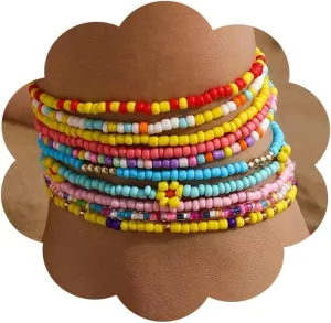 10 Pcs Boho Women Elastic Beaded Anklets Bracelets Summer Beach Multicolor Layered Ankle African Beaded Anklet Glitter Tennis Foot Chain Bling Anklets Accessories for Women