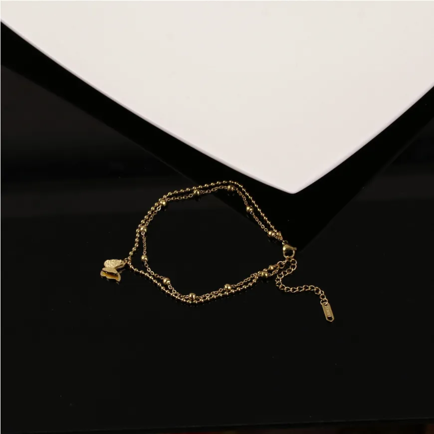2 Layer Matte Butterflies Charm Beaded Chain Anklet For Women Foot Chain