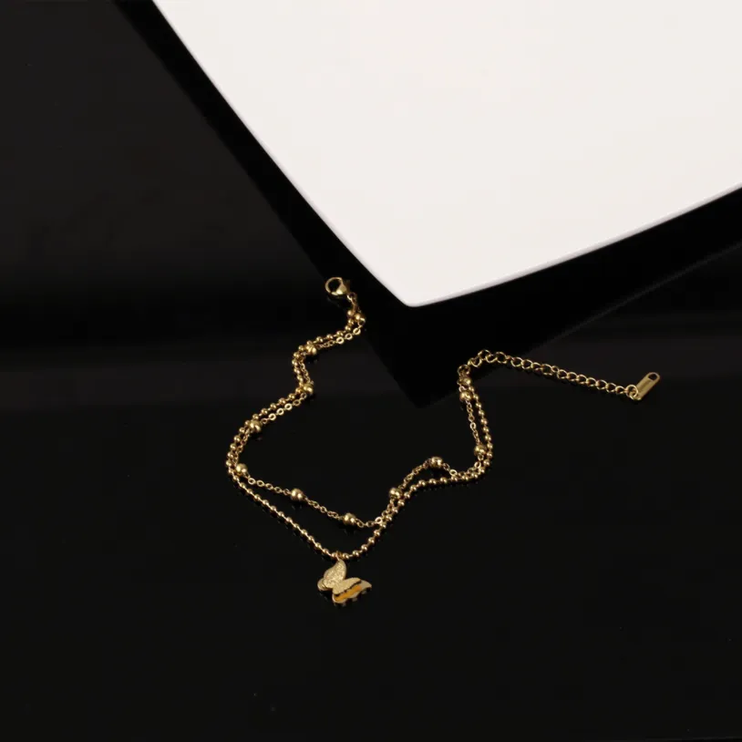 2 Layer Matte Butterflies Charm Beaded Chain Anklet For Women Foot Chain