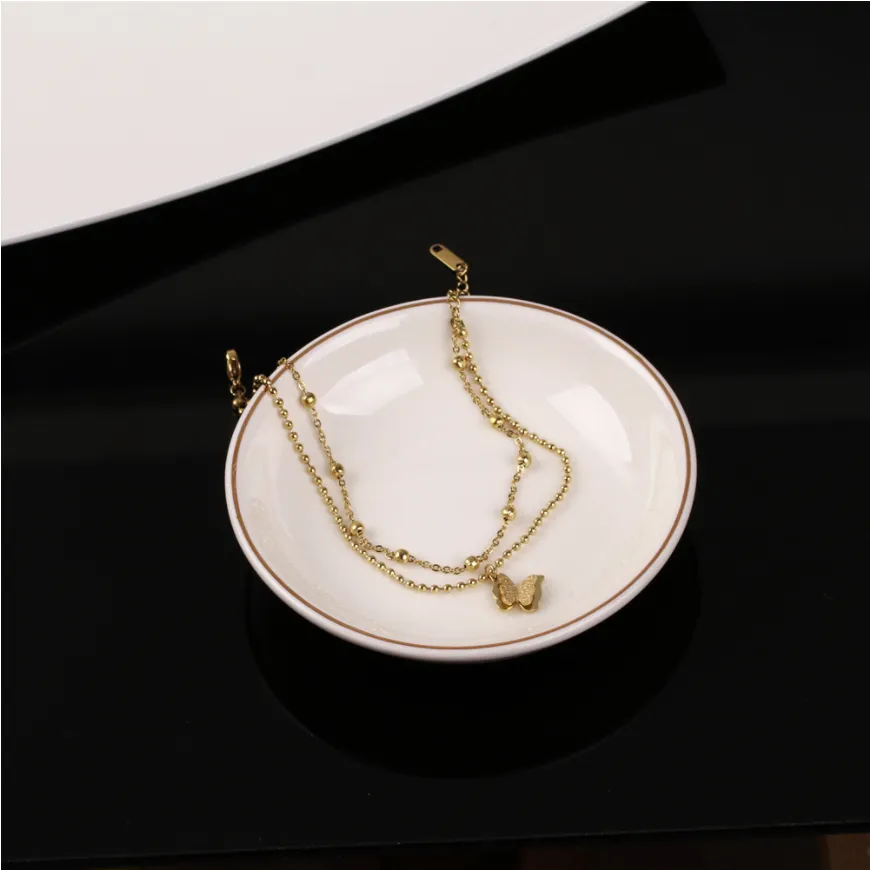 2 Layer Matte Butterflies Charm Beaded Chain Anklet For Women Foot Chain