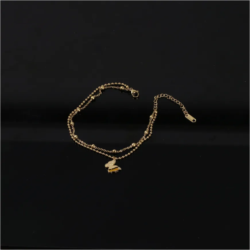 2 Layer Matte Butterflies Charm Beaded Chain Anklet For Women Foot Chain