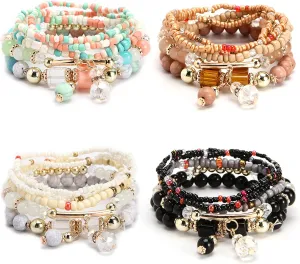 4-6 Sets Bohemian Stackable Bead Bracelets for Women Multicolor Stretch Boho Evil Eye Beaded Bracelets Layered Adjustable Jewelry
