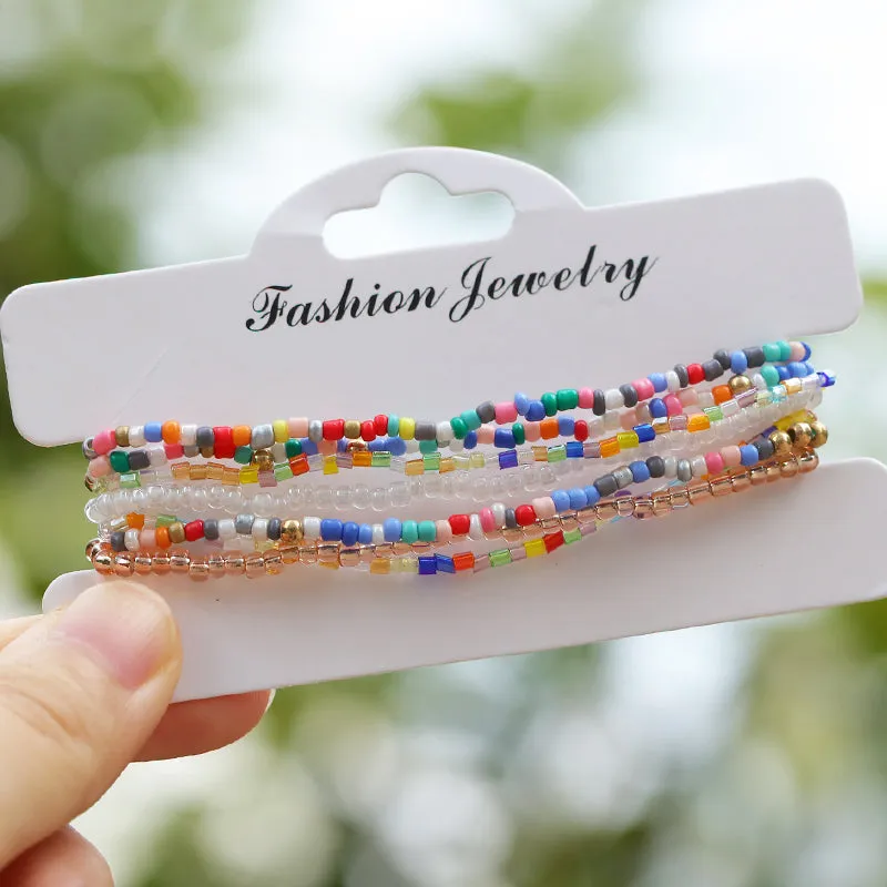 7pcs/Set Handmade Beaded Anklet Bracelets Rainbow Color Elastic Ankle