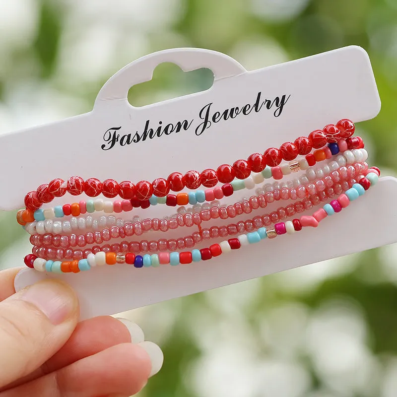 7pcs/Set Handmade Beaded Anklet Bracelets Rainbow Color Elastic Ankle