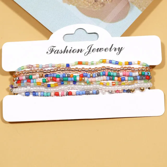 7pcs/Set Handmade Beaded Anklet Bracelets Rainbow Color Elastic Ankle