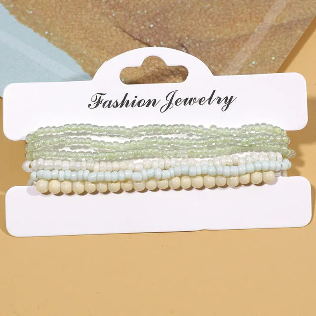 7pcs/Set Handmade Beaded Anklet Bracelets Rainbow Color Elastic Ankle