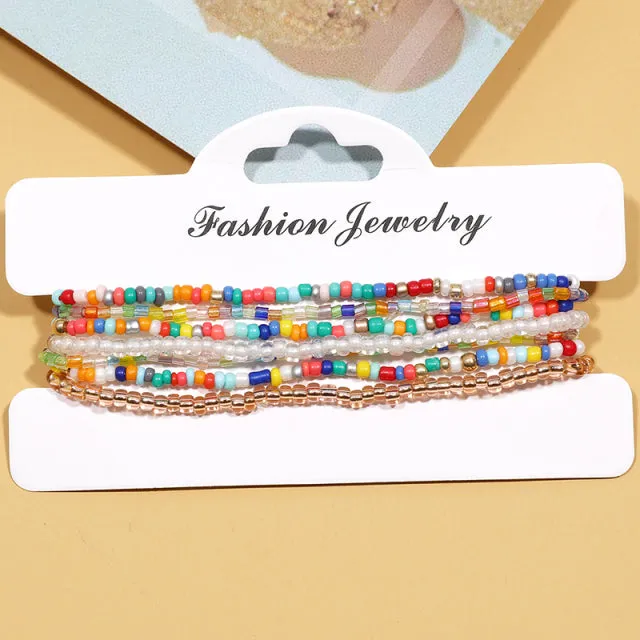 7pcs/Set Handmade Beaded Anklet Bracelets Rainbow Color Elastic Ankle