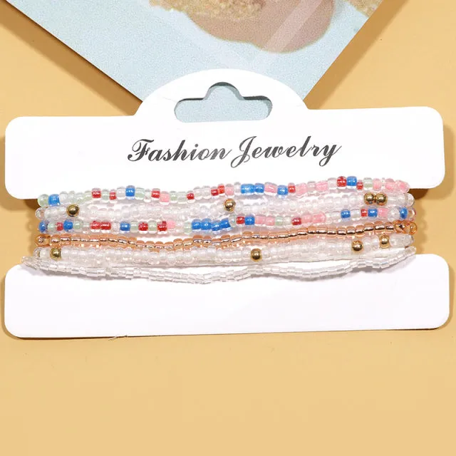 7pcs/Set Handmade Beaded Anklet Bracelets Rainbow Color Elastic Ankle