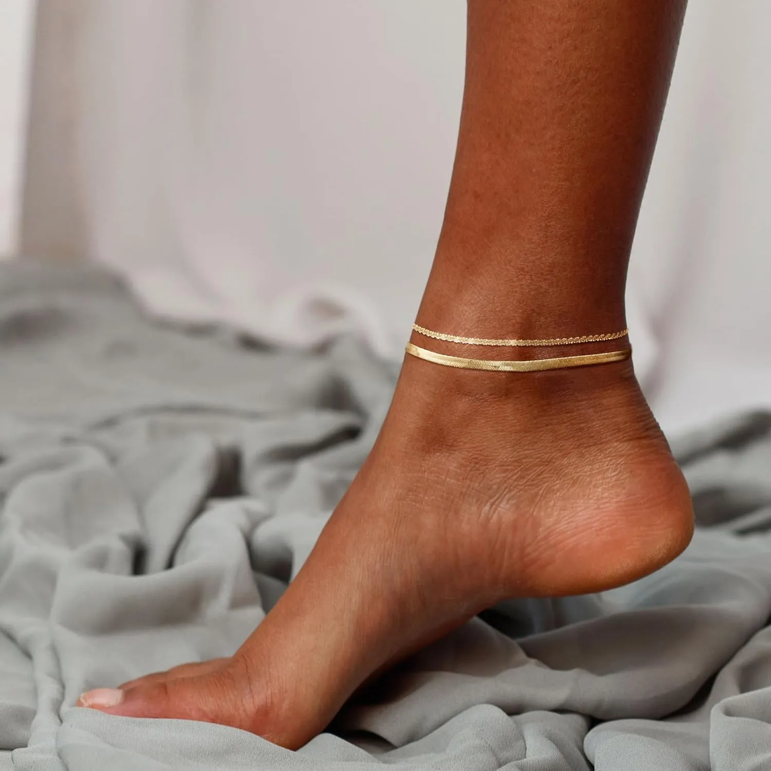 Ankle Bracelets for Women, 14K Gold Anklets for Women Waterproof Layered Ankle Bracelets for Women Teen Girl Herringbone Anklet Set Summer Foot Jewelry Gifts