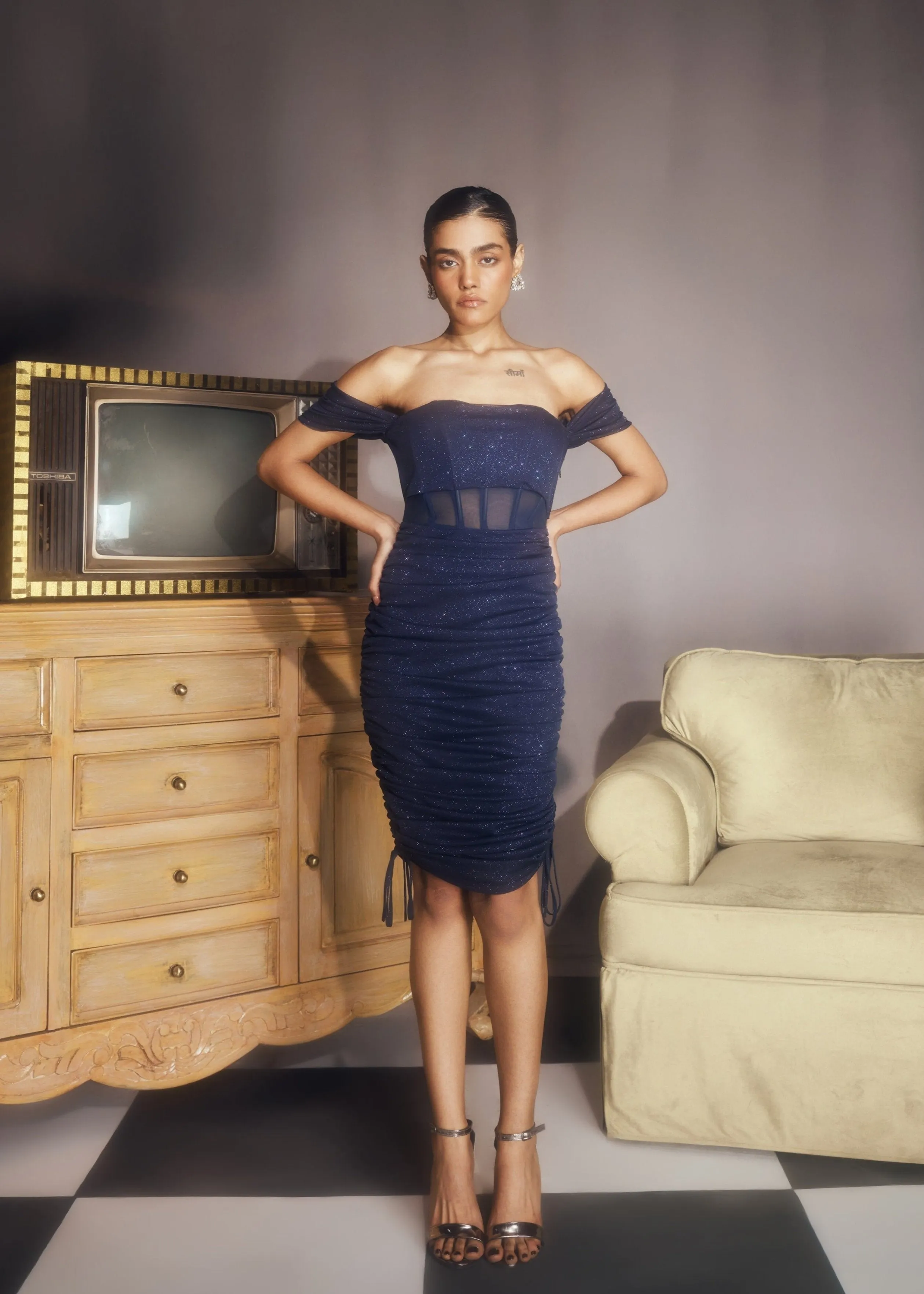 Cassia Sapphire Glitter Mesh Midi Corset Dress CL