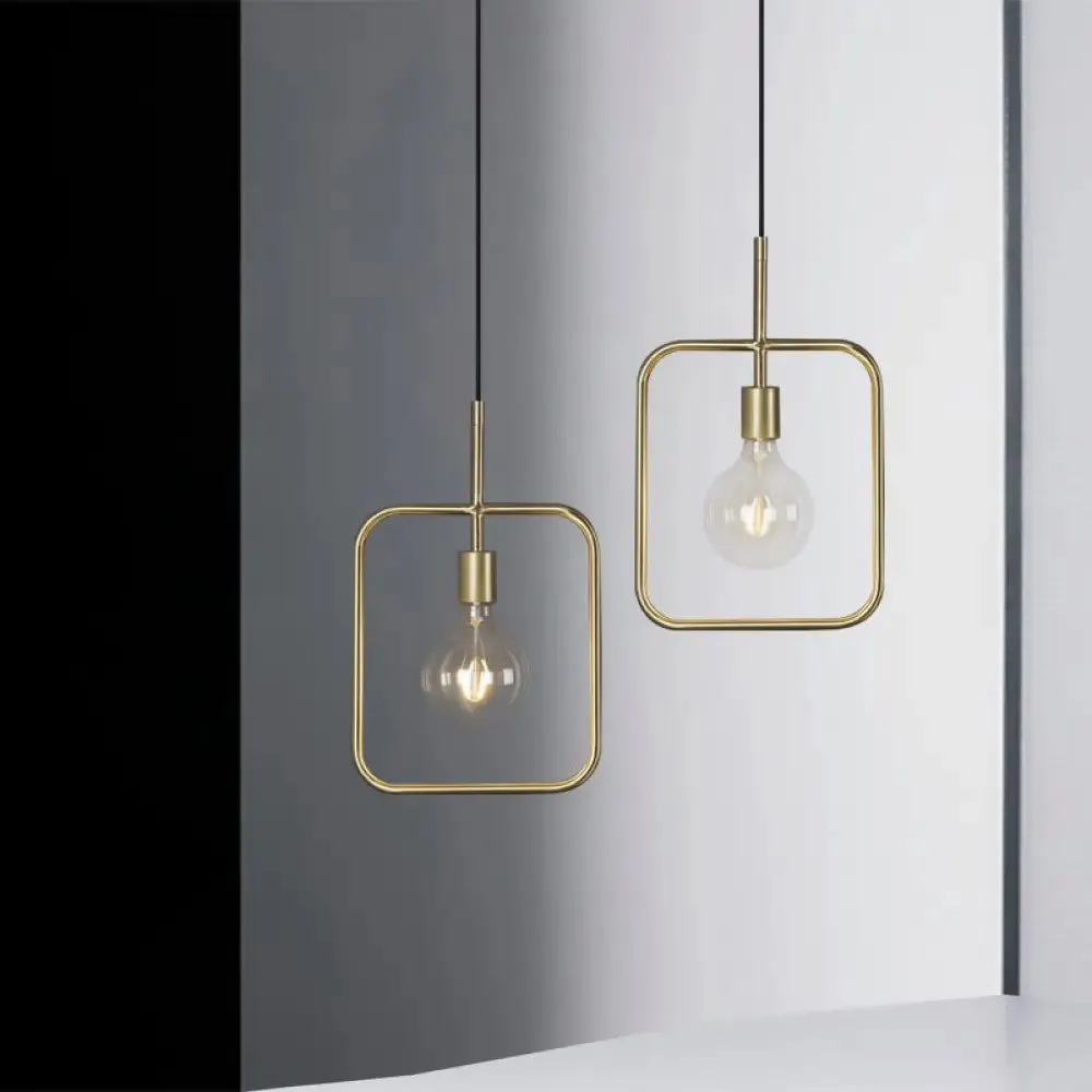 Contemporary Gold Square Skeleton Pendant Ceiling Light with Exposed Bulb - Stylish Metal Fixture (1 Light)