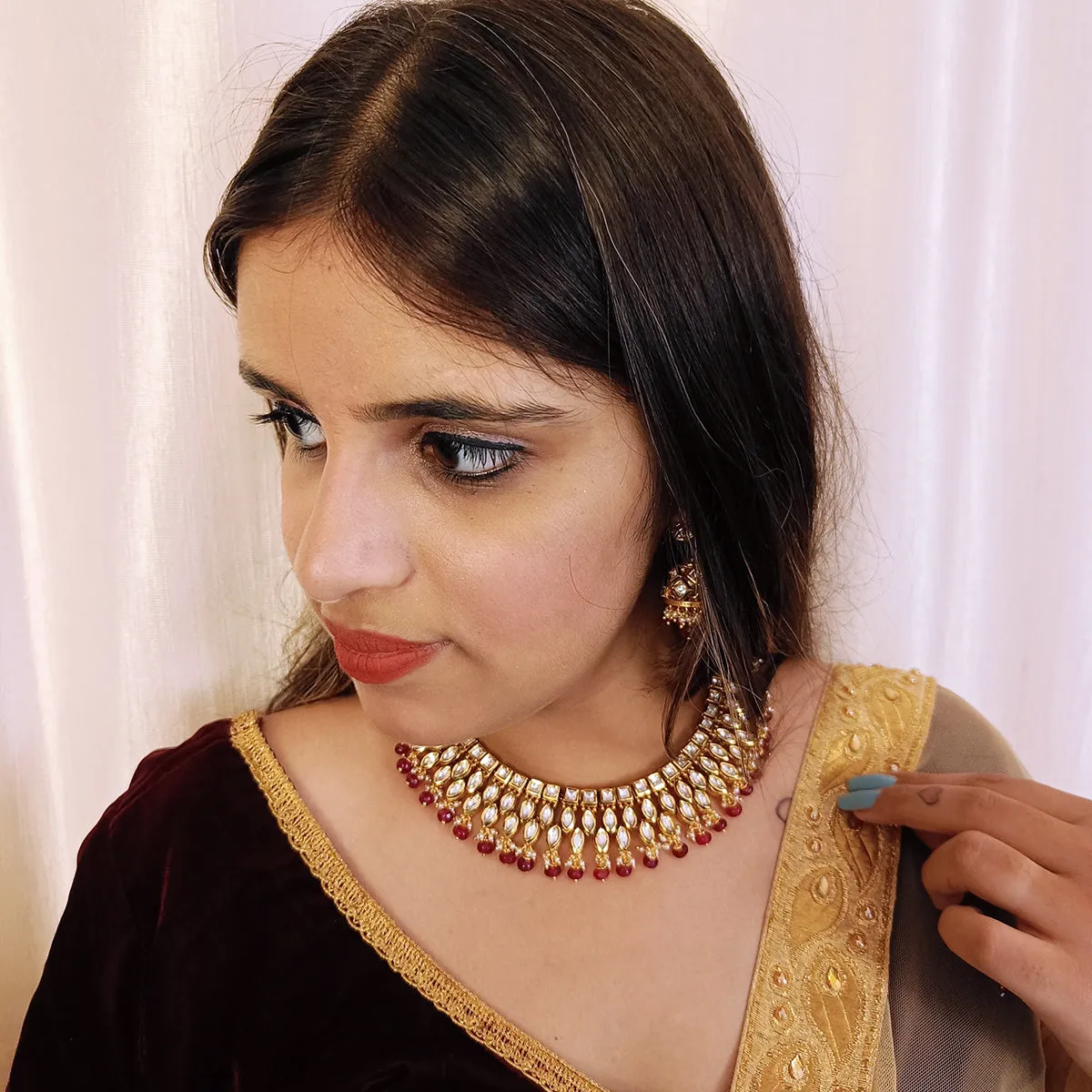 Designer Gold Plated Royal Kundan & Ruby Necklace with Earrings (D430)