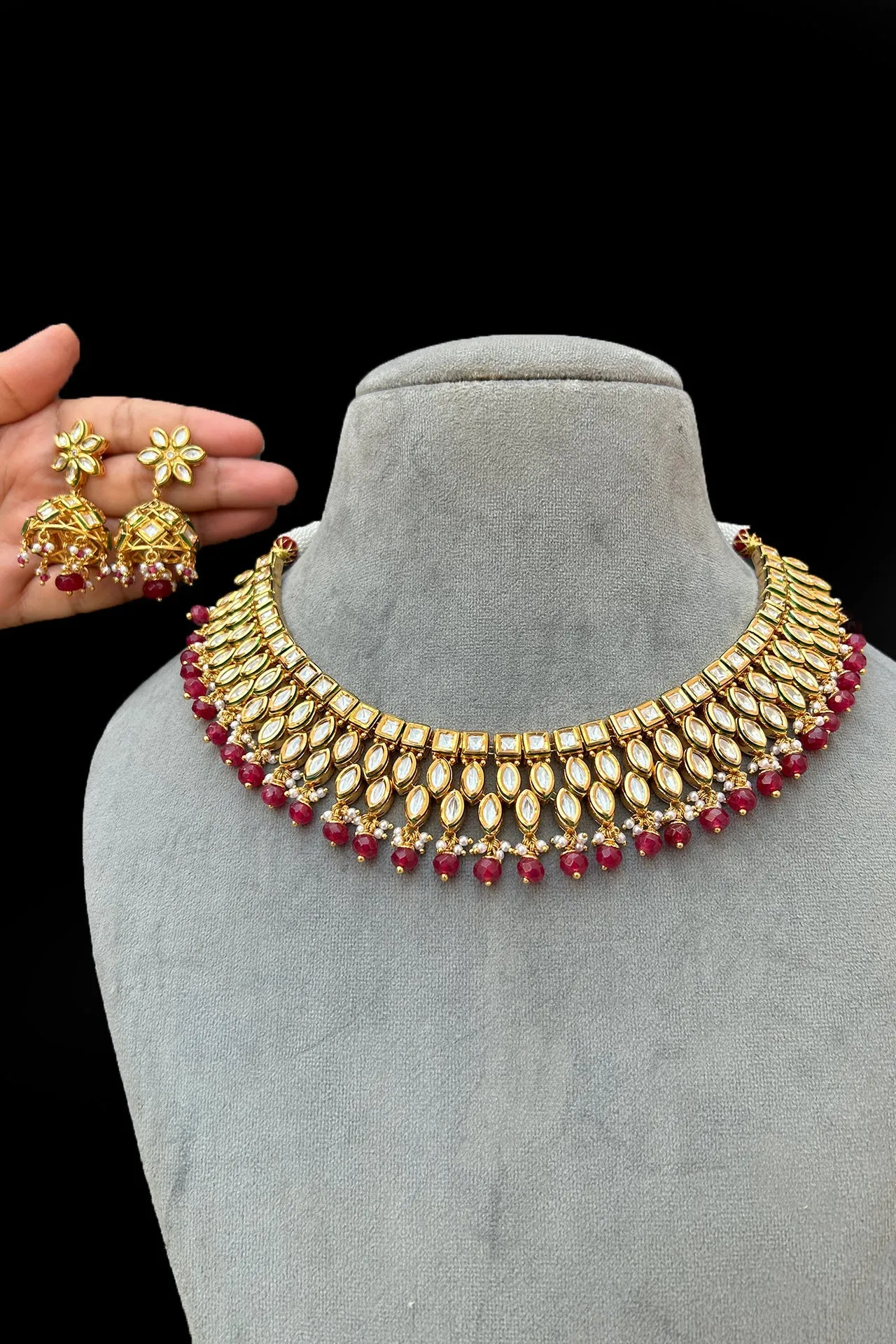 Designer Gold Plated Royal Kundan & Ruby Necklace with Earrings (D430)