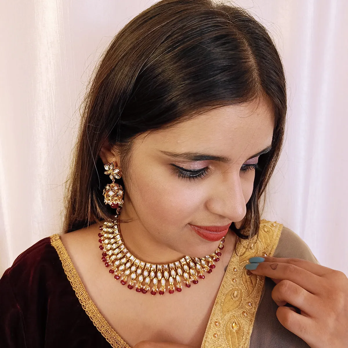 Designer Gold Plated Royal Kundan & Ruby Necklace with Earrings (D430)