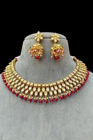 Designer Gold Plated Royal Kundan & Ruby Necklace with Earrings (D430)