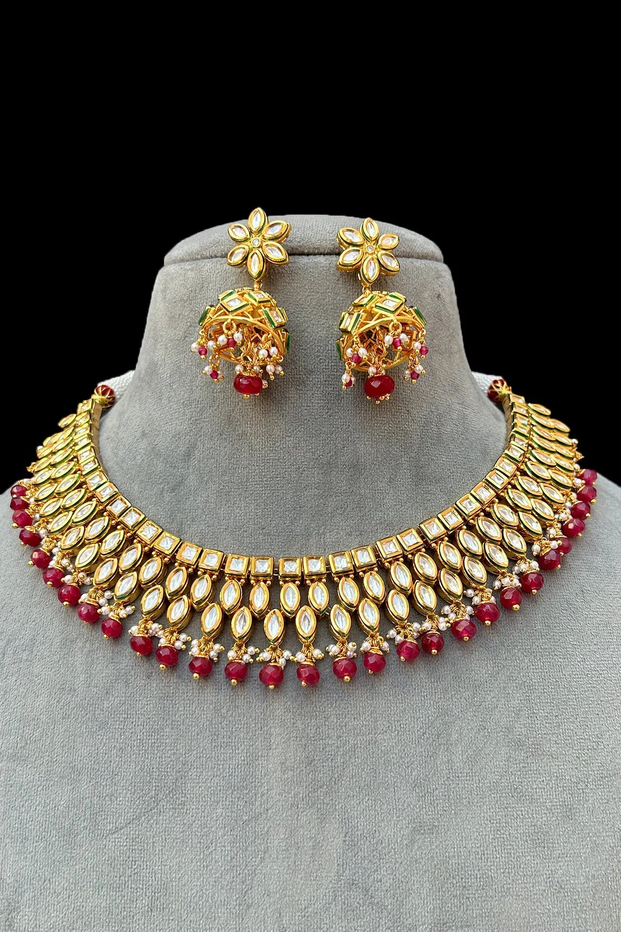 Designer Gold Plated Royal Kundan & Ruby Necklace with Earrings (D430)
