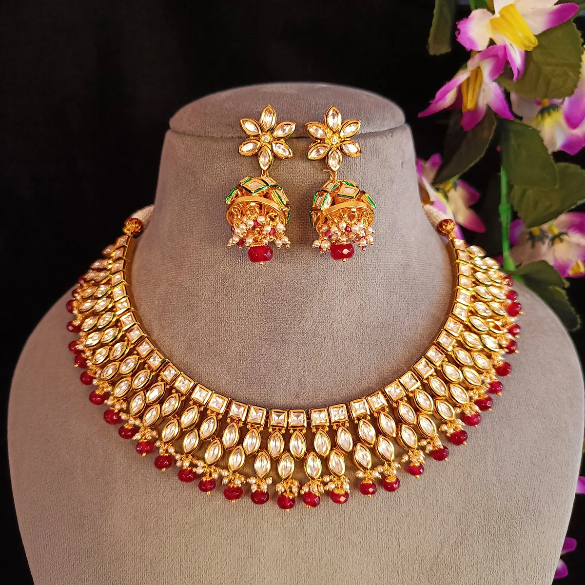Designer Gold Plated Royal Kundan & Ruby Necklace with Earrings (D430)