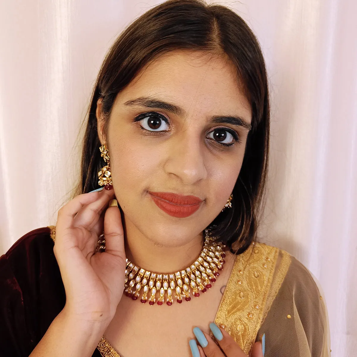 Designer Gold Plated Royal Kundan & Ruby Necklace with Earrings (D430)