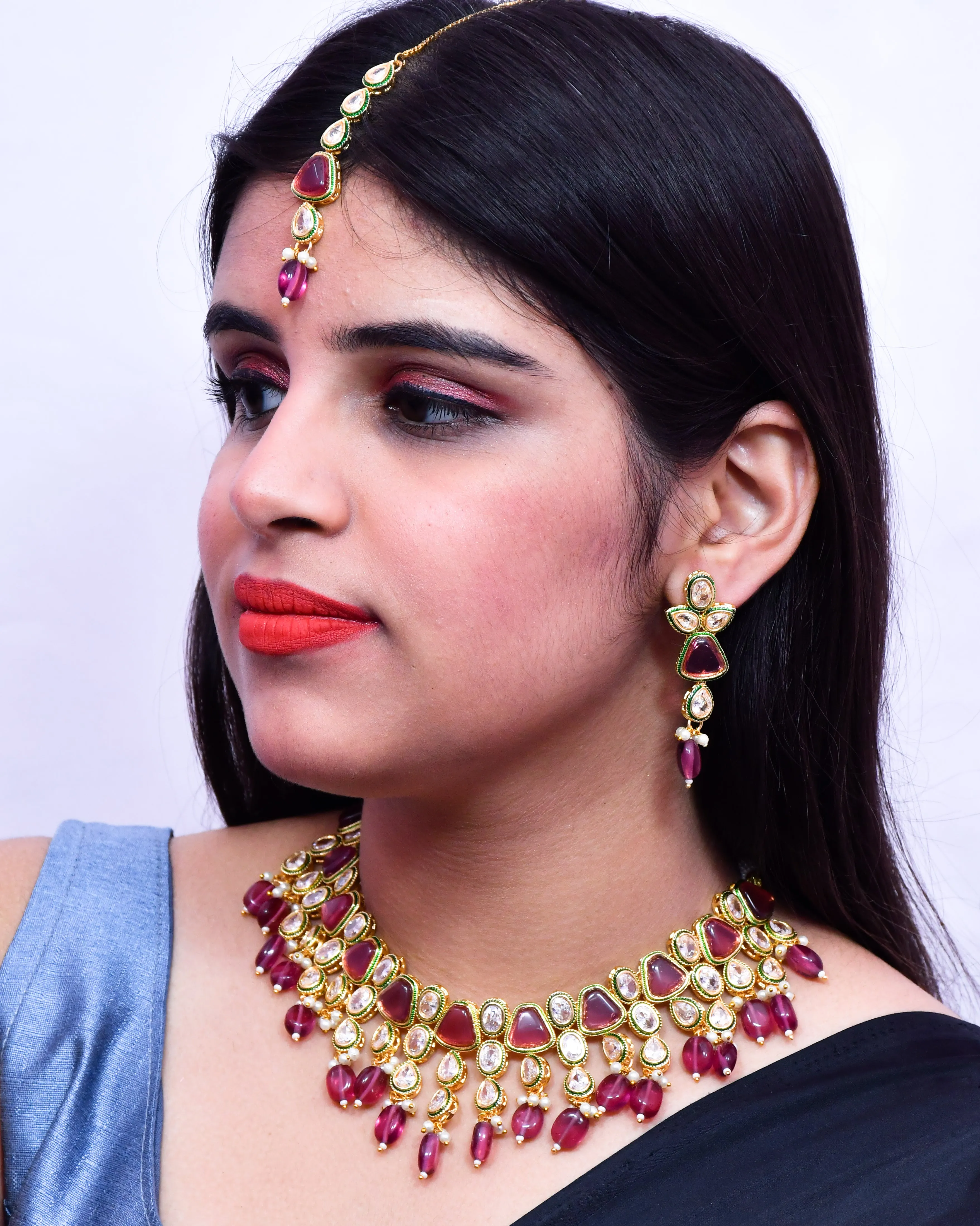 Designer Gold Plated Royal Kundan Ruby Color Necklace & Earrings (D634)