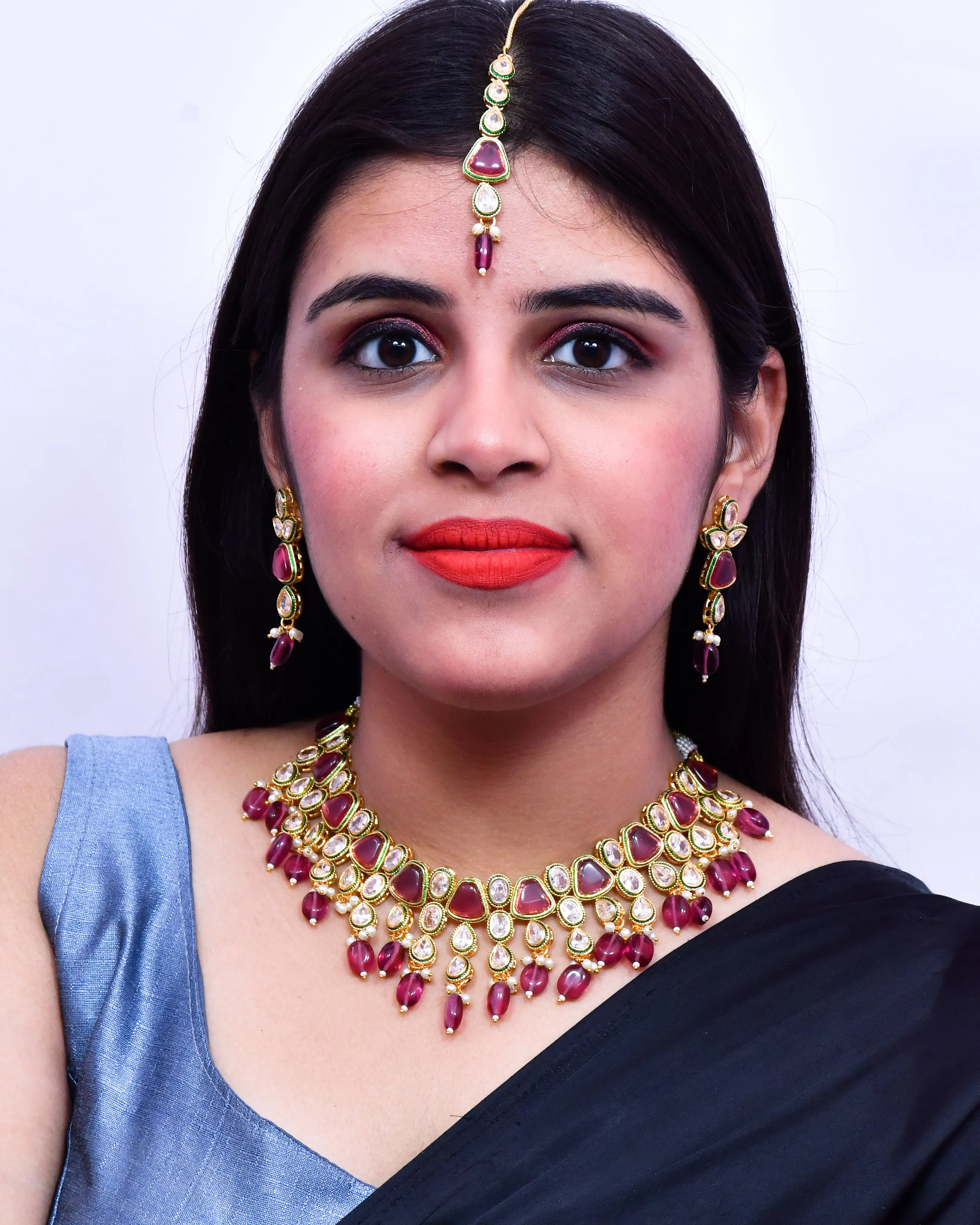 Designer Gold Plated Royal Kundan Ruby Color Necklace & Earrings (D634)