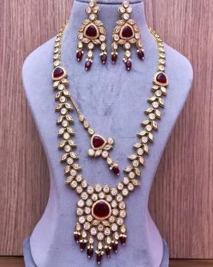 Designer Gold Plated Royal Kundan Ruby Long Necklace With Earrings (D642)