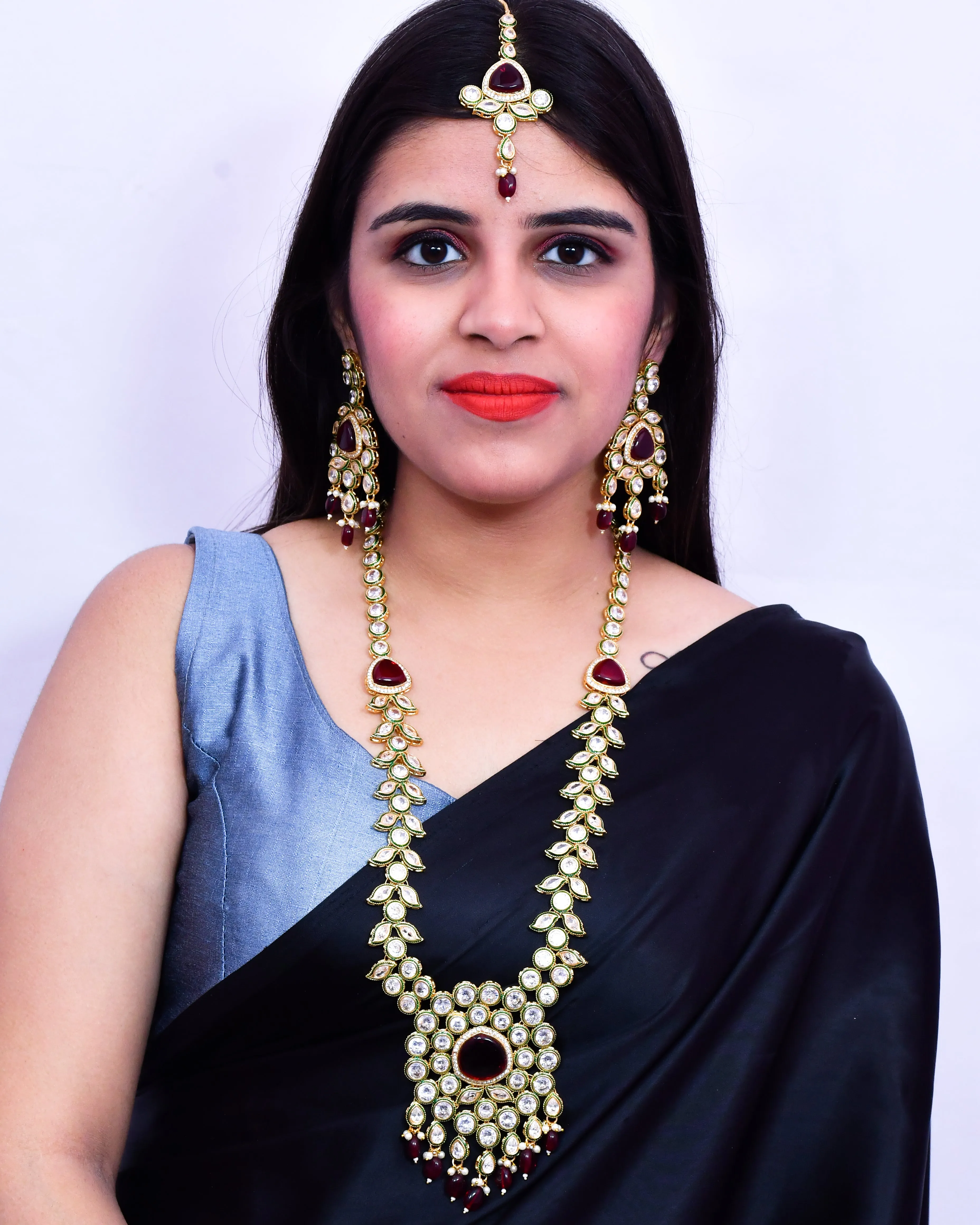 Designer Gold Plated Royal Kundan Ruby Long Necklace With Earrings (D642)