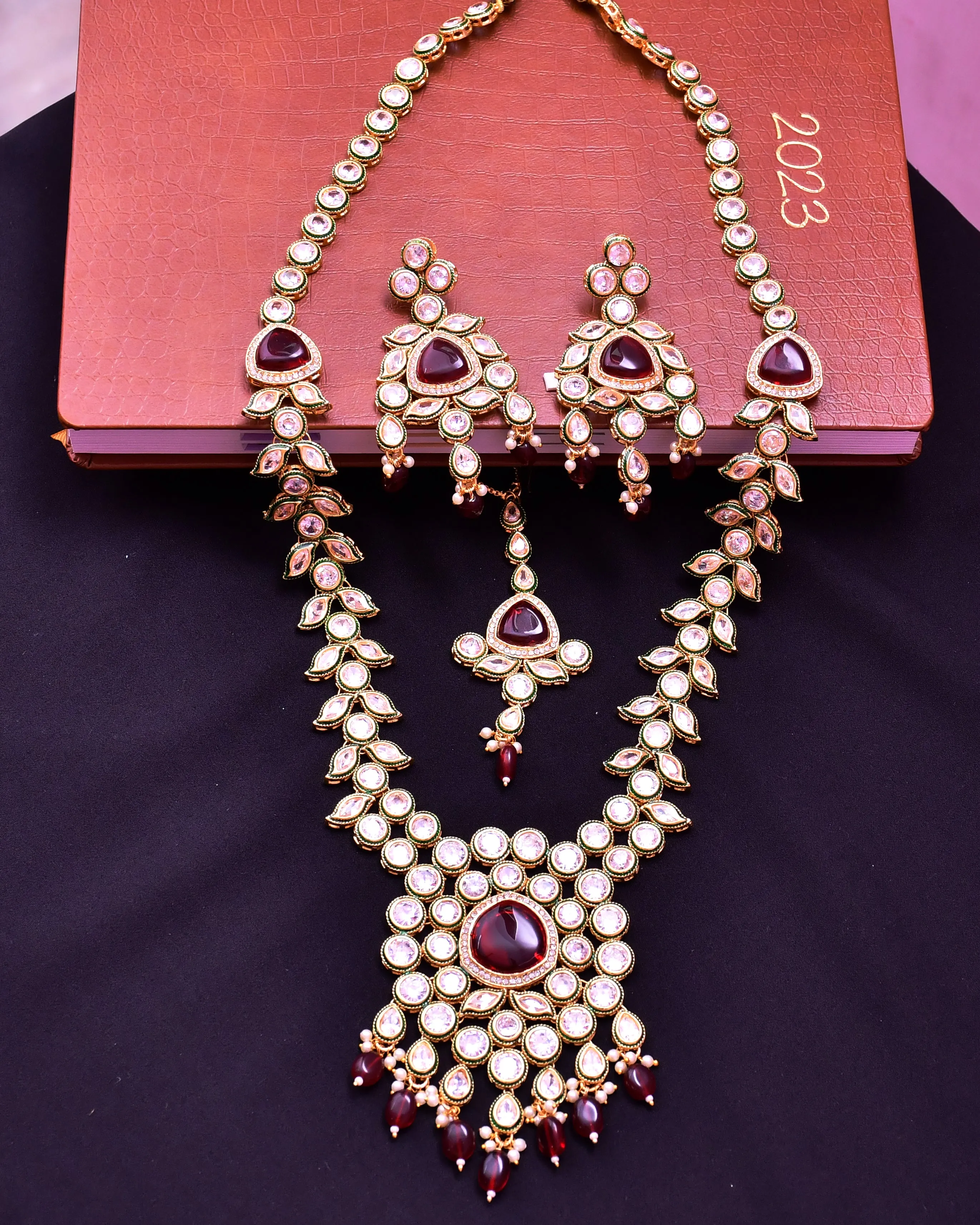 Designer Gold Plated Royal Kundan Ruby Long Necklace With Earrings (D642)