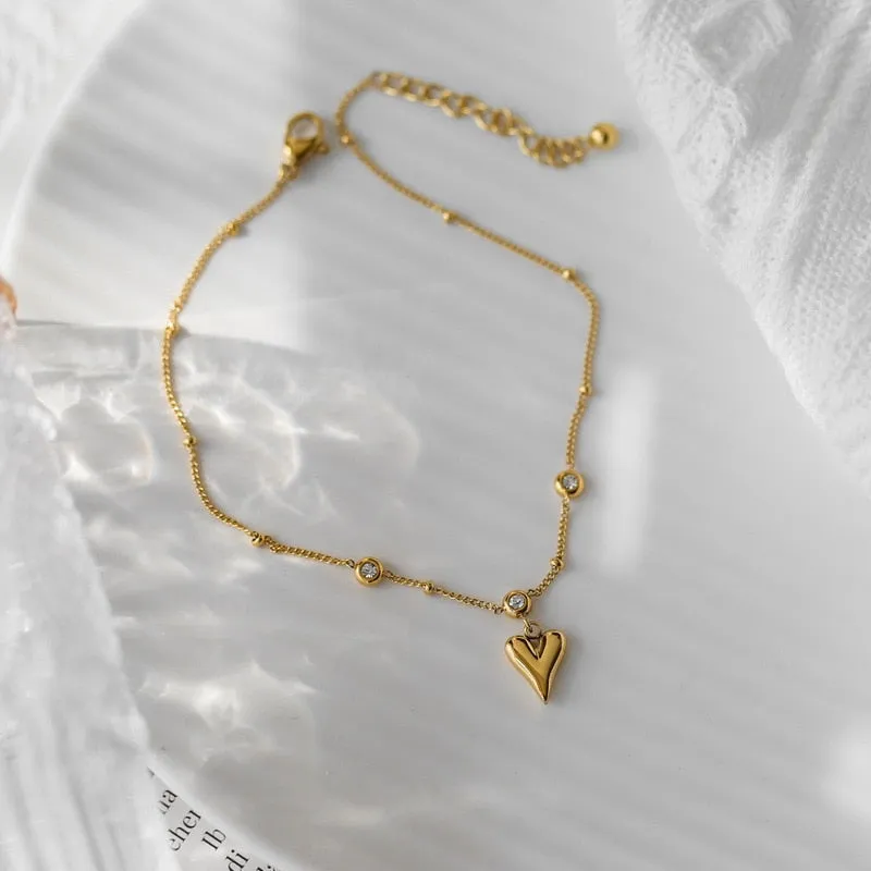 Fashion  Zircon Love Heart Ankle Ornaments Charm Beaded Chain Anklet For Women