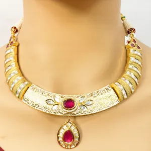 Gold Plated Ivory Meenakari Semi-Precious Ruby Kundan Set