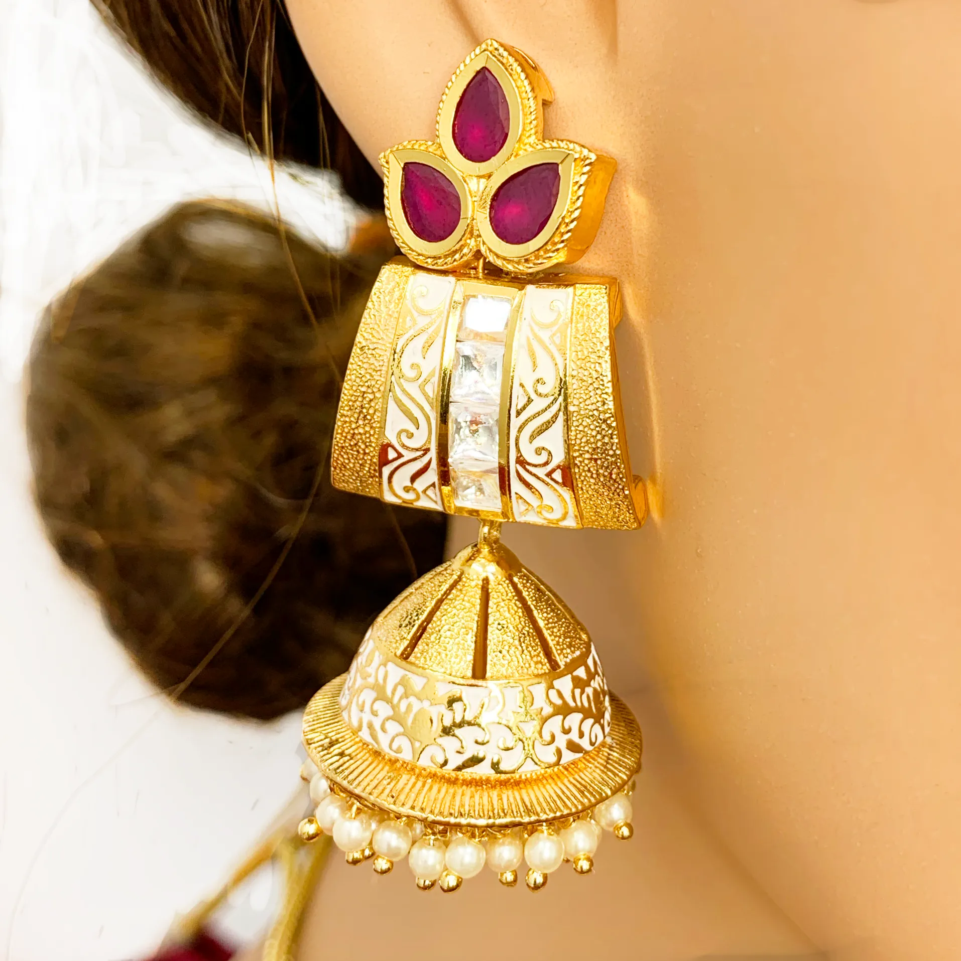 Gold Plated Ivory Meenakari Semi-Precious Ruby Kundan Set