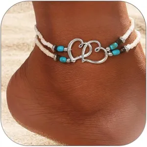 Heart Ankle Bracelet for Women Stretchy Elastic Beaded Anklets Black/White Beaded Anklets Boho Trendy Hypoallergenic Beach Jewelry Summer Gift