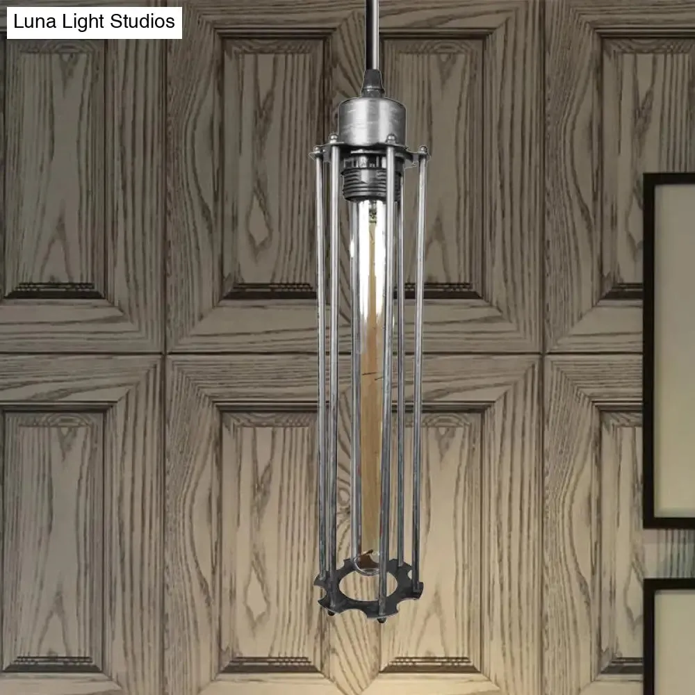 Industrial Style Metal Cage Pendant Light with Adjustable Cord - Antique Brass/Aged Silver Finish