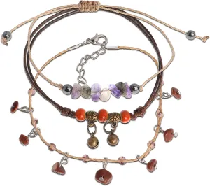 JeanBeau 3Pcs Boho Pottery Seed Beads String Anklets Set for Women Teen Cute Adjustable Waterproof Rope Vintage Handmade Stackable Beach Braided Bell Beaded Stone Bracelet ankle Friendship Summer Jewelry Friends Gift