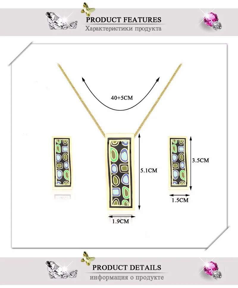 New design gold plated colorful Geometry pattern Rectangular shape earrings & pendant necklace enamel jewelry set