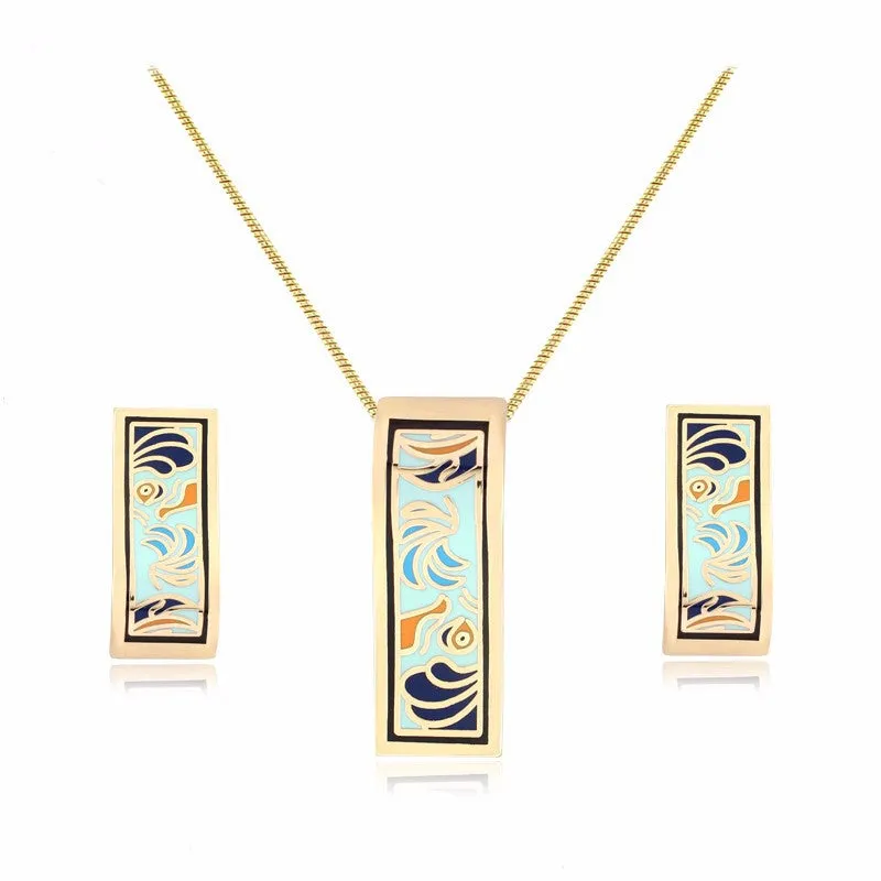 New design gold plated colorful Geometry pattern Rectangular shape earrings & pendant necklace enamel jewelry set