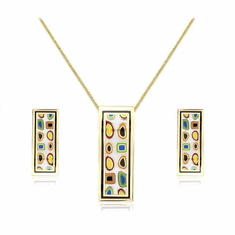 New design gold plated colorful Geometry pattern Rectangular shape earrings & pendant necklace enamel jewelry set