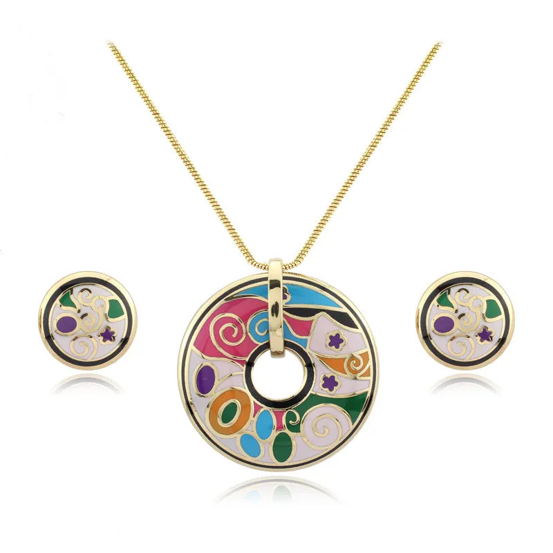Newest Black Feather Design Green Pink Blue Geometry Enamel Jewelry Set