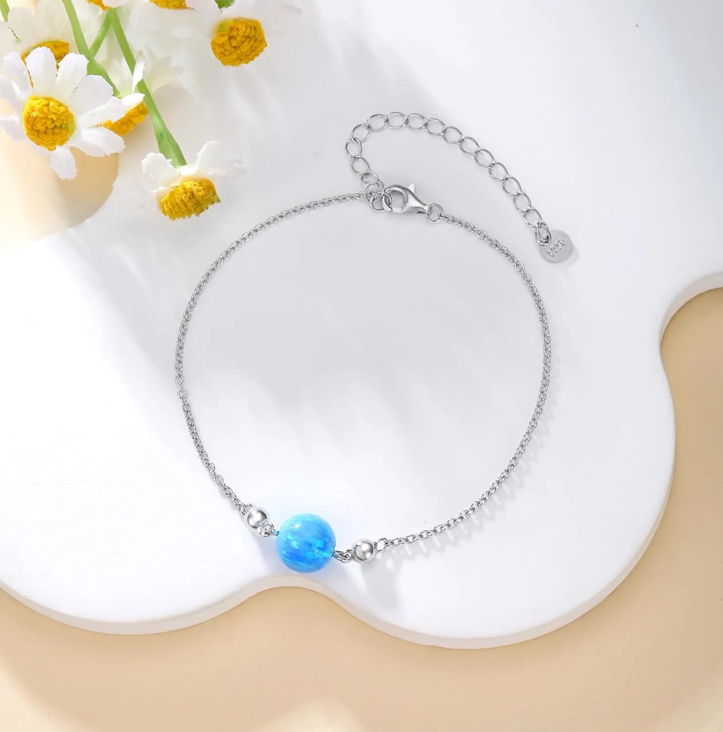 Opal Anklet/Bracelets for Women, S925 Sterling Silver Adjustable Foot Beaded Round Charm Ankle Bracelet Anklets Jewelry Anniversary Birthday Gifts for Women-1
