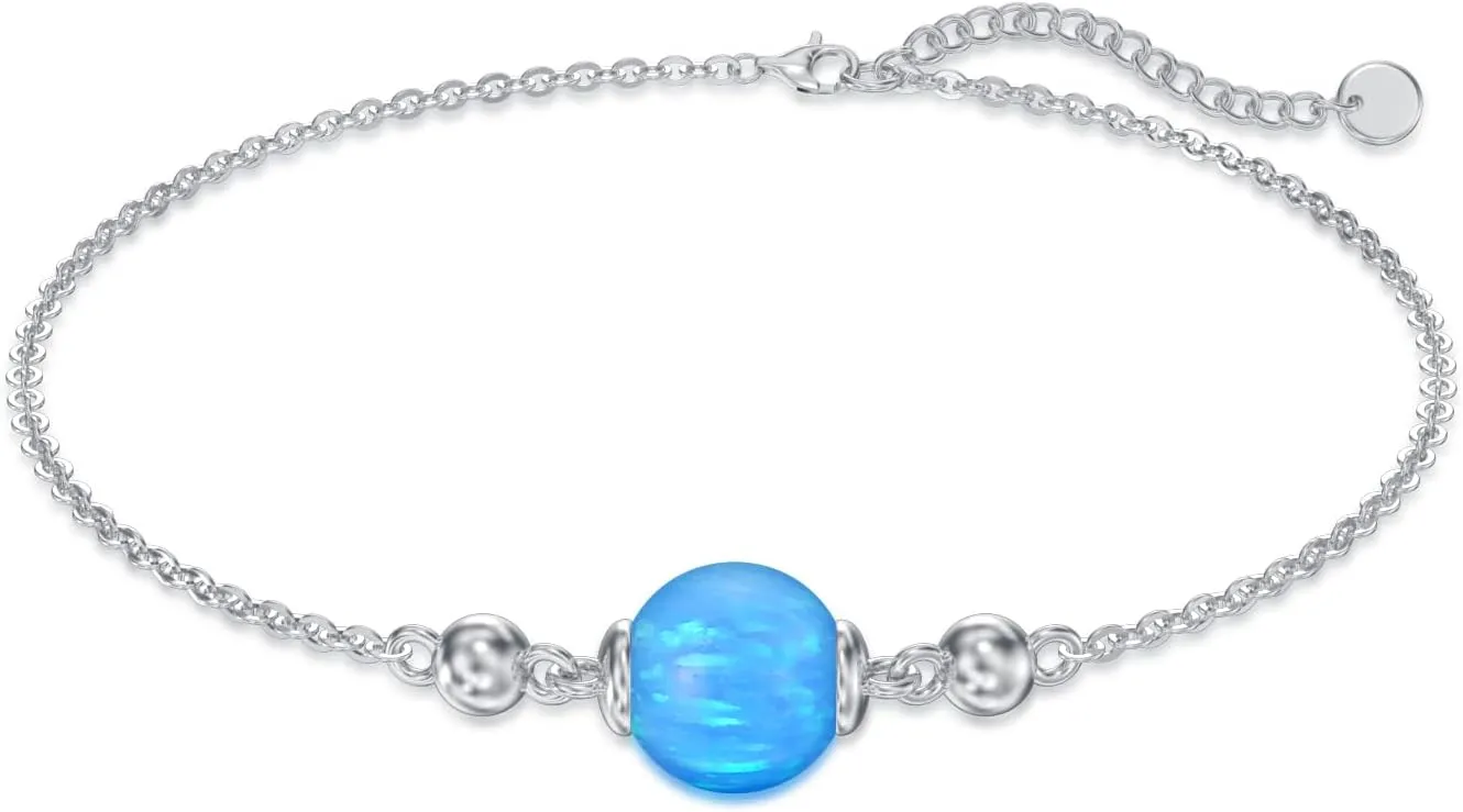 Opal Anklet/Bracelets for Women, S925 Sterling Silver Adjustable Foot Beaded Round Charm Ankle Bracelet Anklets Jewelry Anniversary Birthday Gifts for Women-1