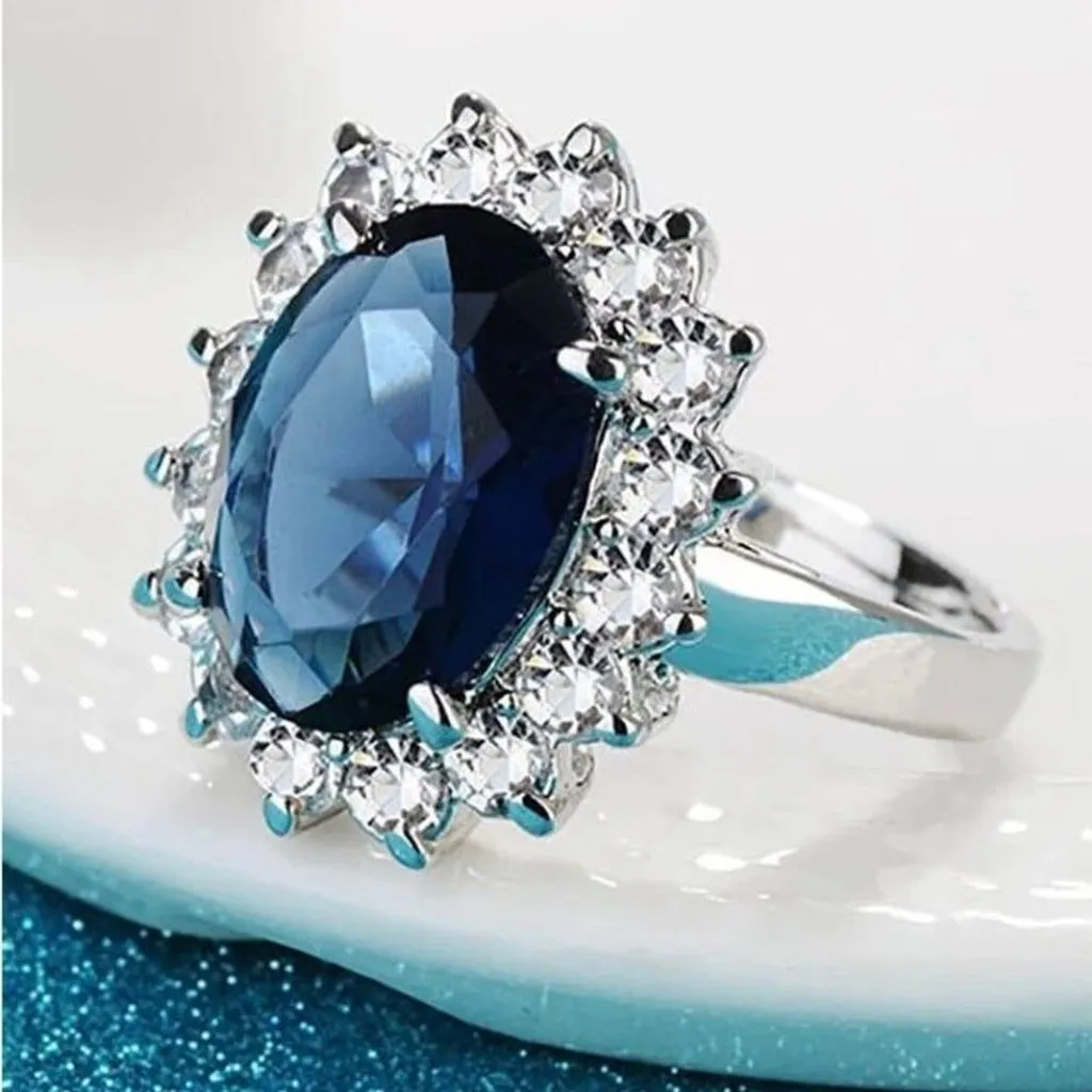 Oval Sapphire Blue StoneRing Womens Sterling Silver Size 5