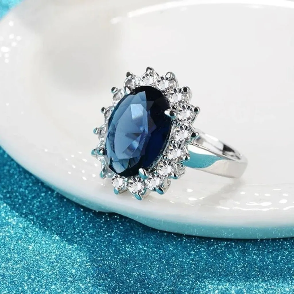 Oval Sapphire Blue StoneRing Womens Sterling Silver Size 5
