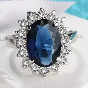 Oval Sapphire Blue StoneRing Womens Sterling Silver Size 5