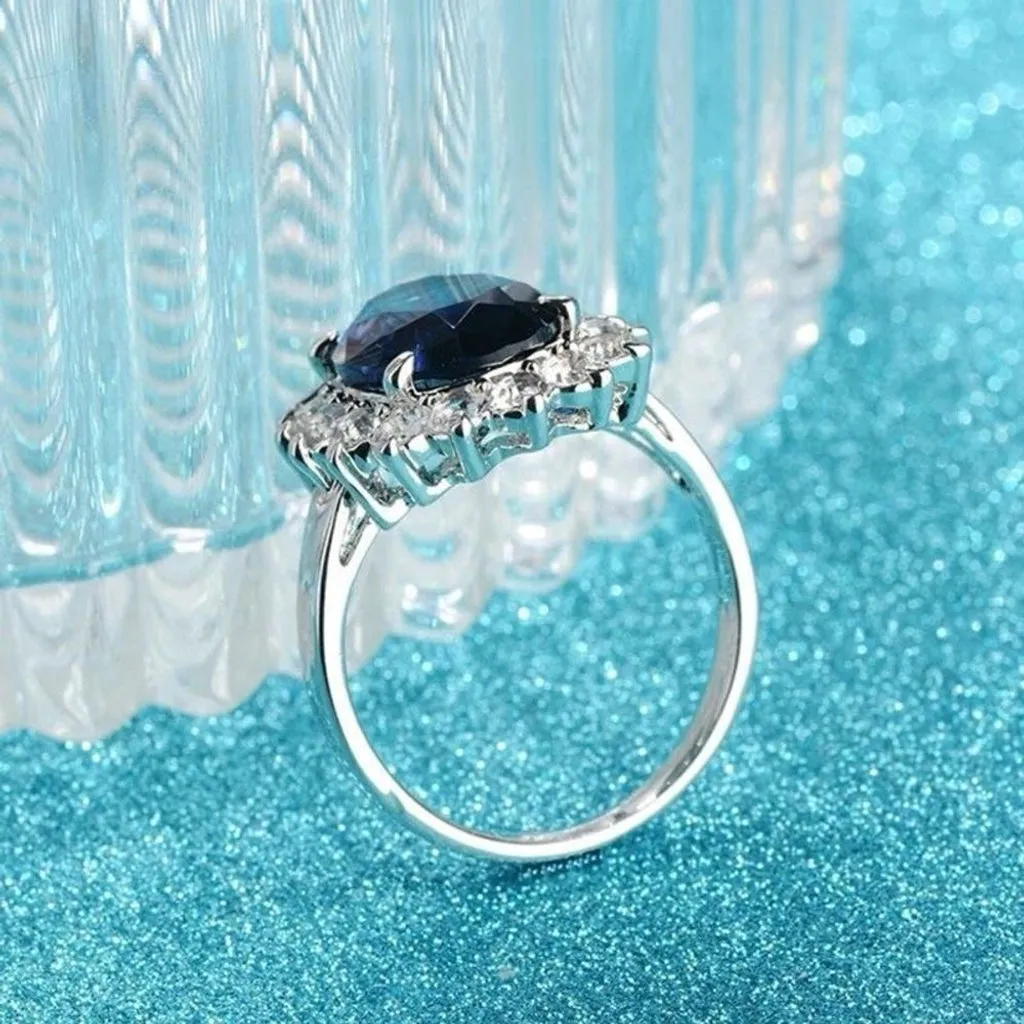 Oval Sapphire Blue StoneRing Womens Sterling Silver Size 5