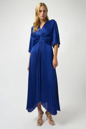 Pleated Satin Midi Dress Sapphire