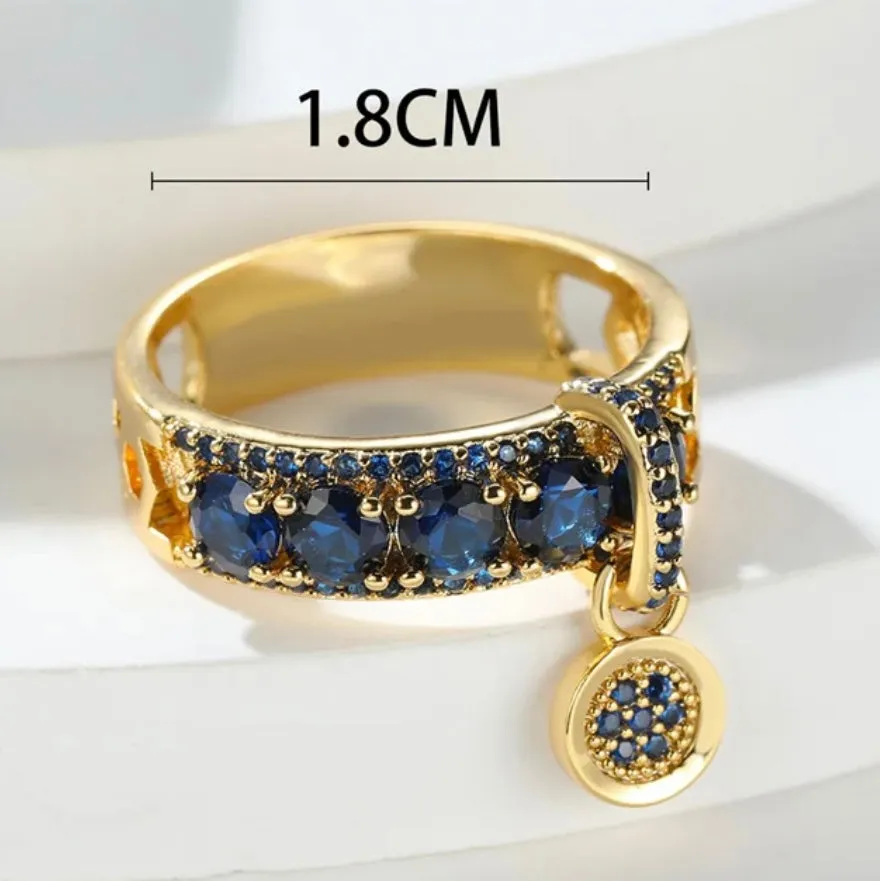 Royal Blue Sapphire CZ Gold Toned Dangle Fashion Ring Womens Size 6 New