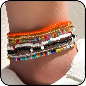 Rrdaily Boho Multilayer Handmade Beaded Anklets for Women,Elastic Adjustable Colorful String Anklets Beach Foot Jewelry (A)