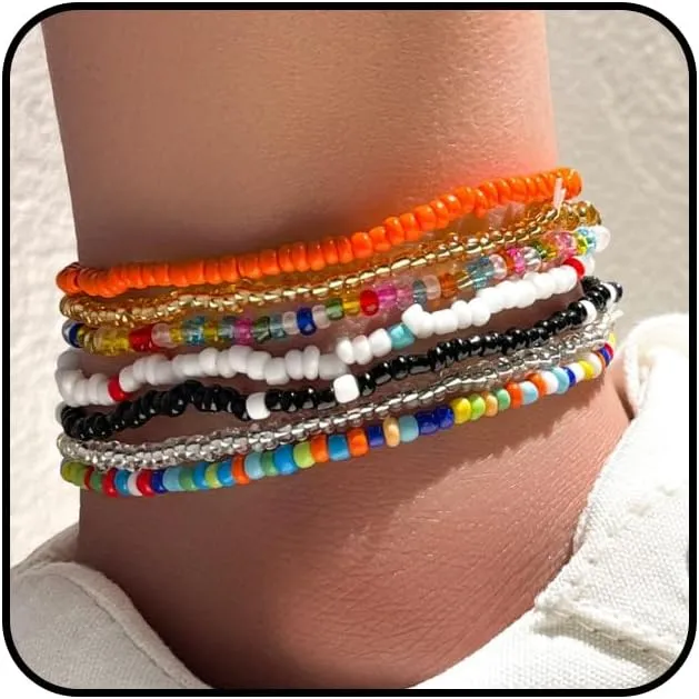 Rrdaily Boho Multilayer Handmade Beaded Anklets for Women,Elastic Adjustable Colorful String Anklets Beach Foot Jewelry (A)