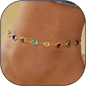 Rrdaily Muiltcolor Crystal Heart Beaded Anklets for Women,14K Gold Beach Foot Chain Jewelry Party Prom Trendy Bohemia Adjustable Jewelry Gifts