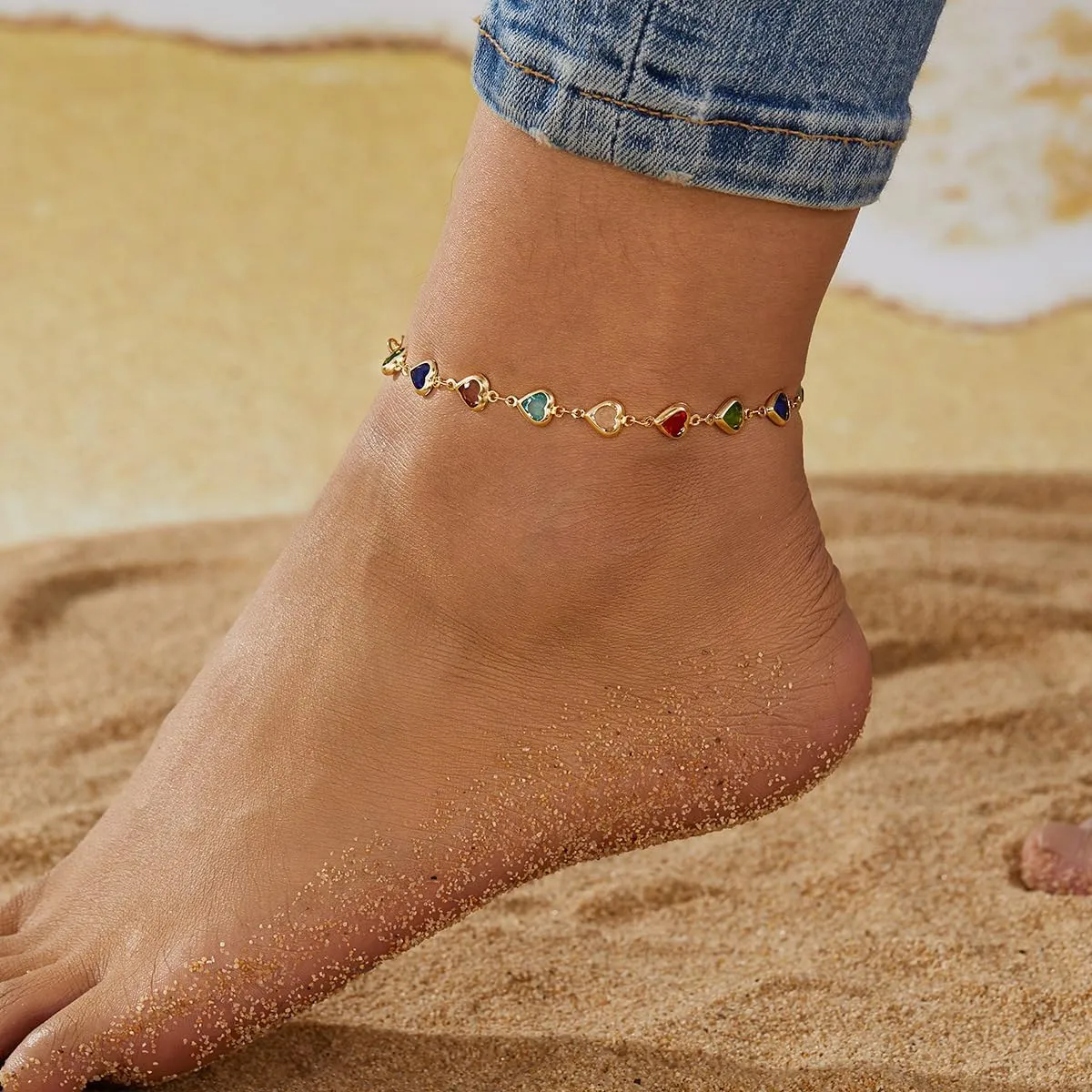Rrdaily Muiltcolor Crystal Heart Beaded Anklets for Women,14K Gold Beach Foot Chain Jewelry Party Prom Trendy Bohemia Adjustable Jewelry Gifts