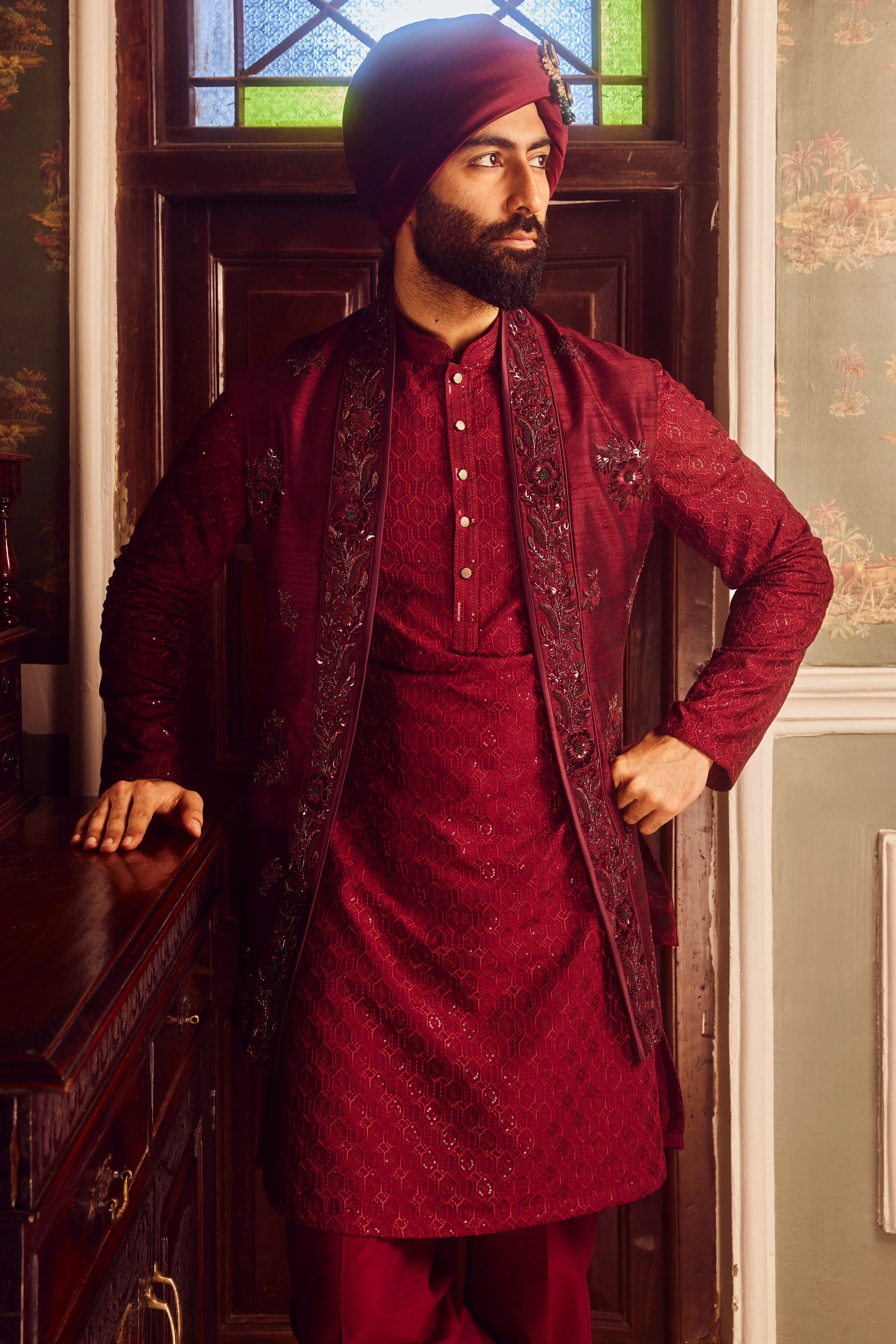 Ruby Chanderi Embroidered Open Kurta Bundi Set